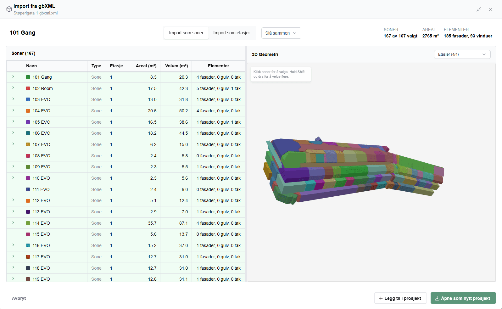 Import-vinduet «Import fra gbXML» med sone-tabell til venstre, «3D Geometri»-panel til høyre og oppsummeringen SONER / AREAL / ELEMENTER øverst.
