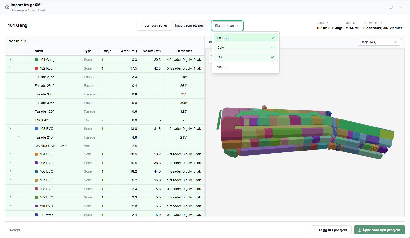 «Slå sammen»-menyen åpen med valgene Fasader, Gulv, Tak og Vinduer, ved siden av en utvidet sone-rad som viser mange små, oppsplittede fasader fra BIM-modellen.