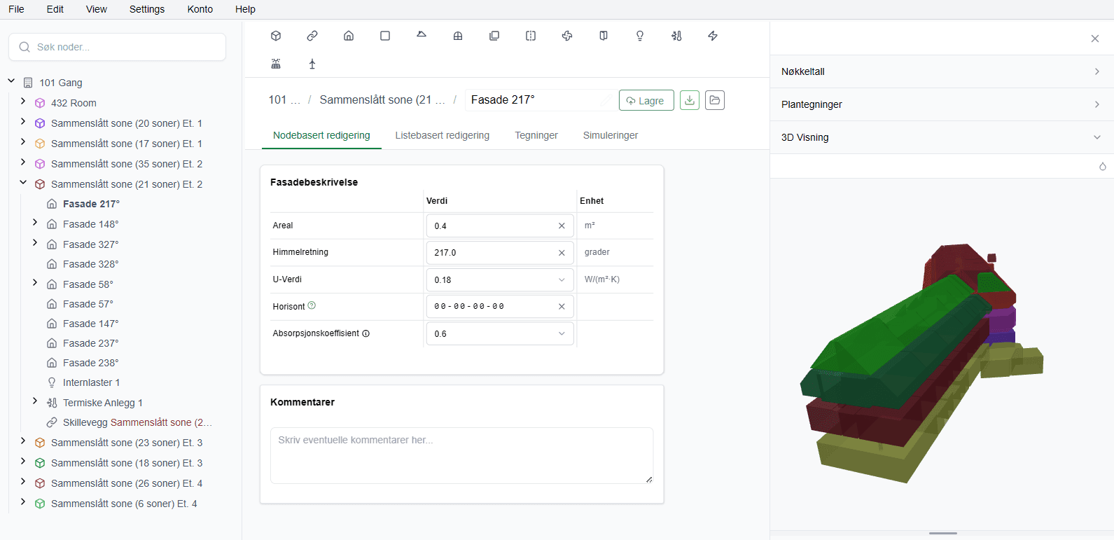 Det opprettede prosjektet i redigeringsvisningen med sonetreet til venstre (bl.a. «Sammenslått sone (n soner)») og «3D Visning»-seksjonen i høyre sidepanel.