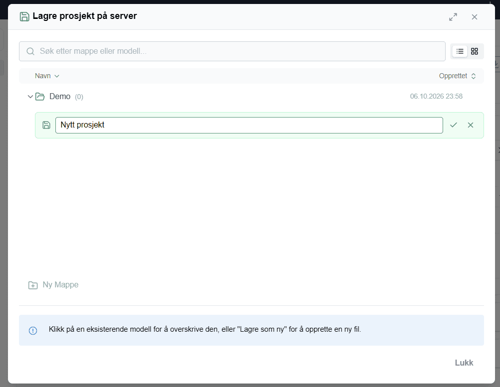 Dialogboksen «Lagre prosjekt på server» med mappen Demo og modellnavnet «Nytt prosjekt» klart til å bekreftes med haken.