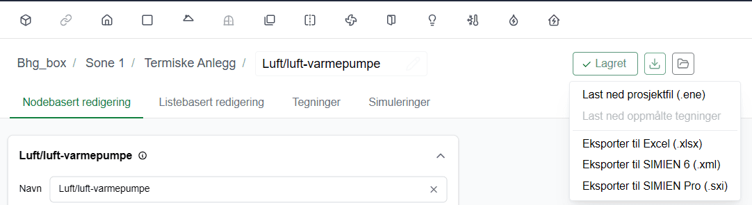Nedlastingsmenyen med valgene Last ned prosjektfil (.ene), Last ned oppmålte tegninger, Eksporter til Excel (.xlsx), Eksporter til SIMIEN 6 (.xml) og Eksporter til SIMIEN Pro (.sxi).