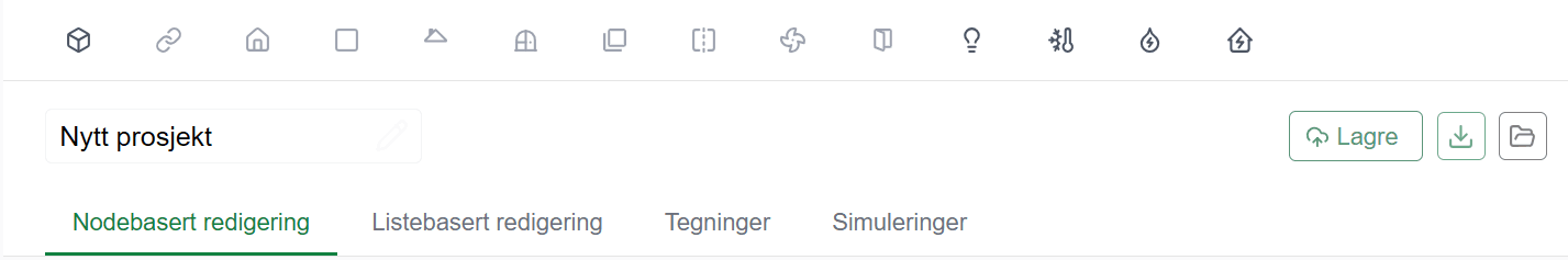 Verktøylinjen med ikoner øverst, prosjektnavnet, knappene Lagre, pil ned og mappeikonet, og fanene Nodebasert redigering, Listebasert redigering, Tegninger og Simuleringer.