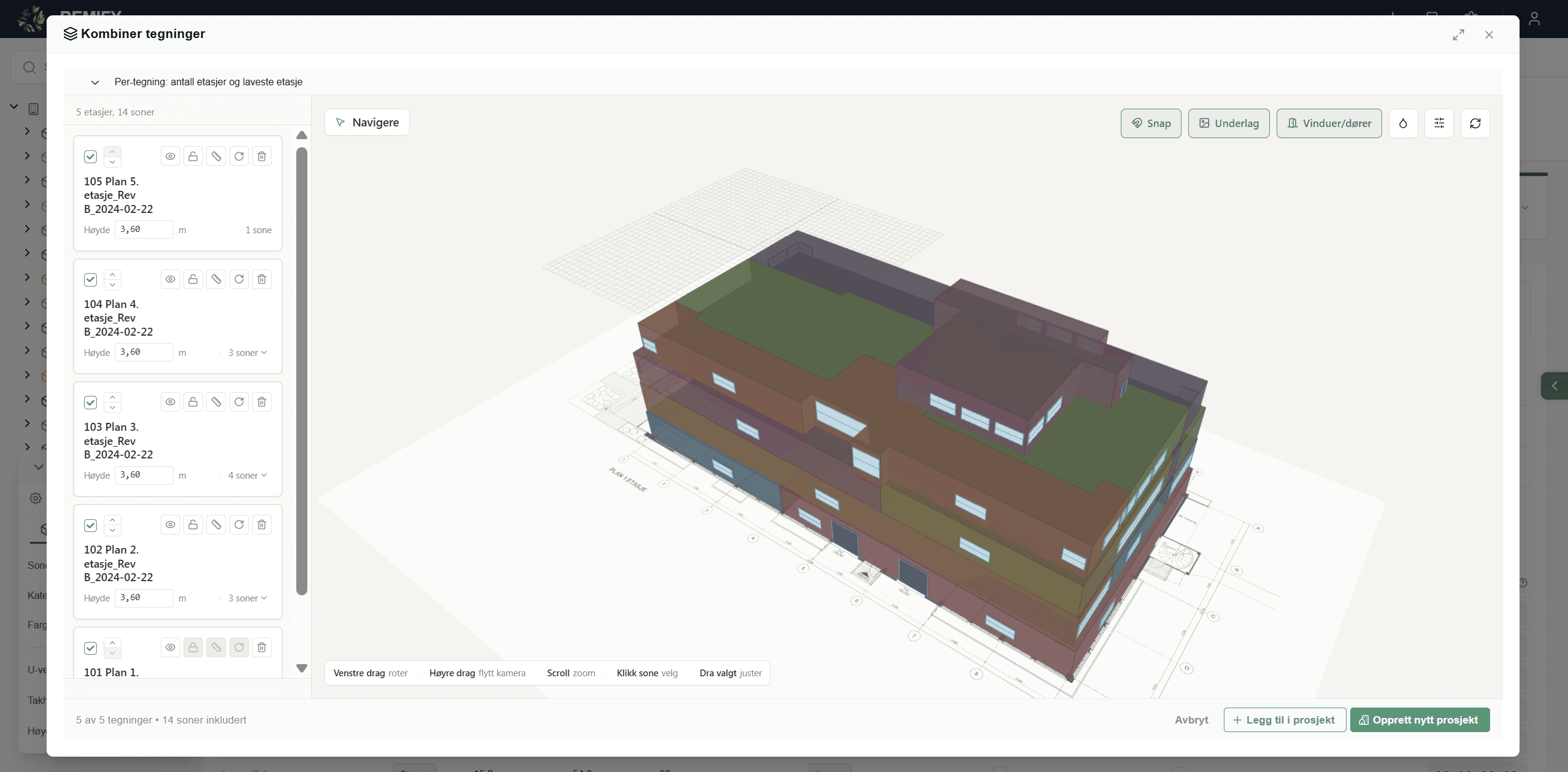 Vinduet «Kombiner tegninger» med etasjelisten til venstre, 3D-bygget i midten, verktøylinjen øverst og bekreft-knappene nederst.