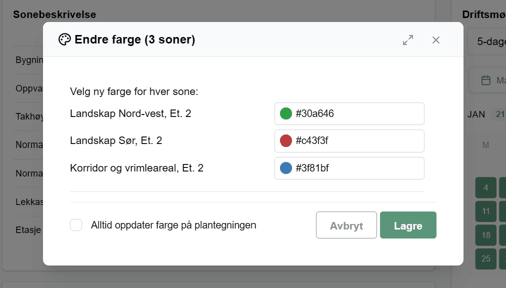 Modalen «Endre farge (3 soner)» med fargevelger per sone og avhuket «Oppdater også farge på plantegningen (3 soner)».