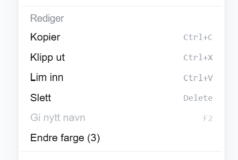 Rediger-delen av kontekstmenyen med «Endre farge (3)» nederst.