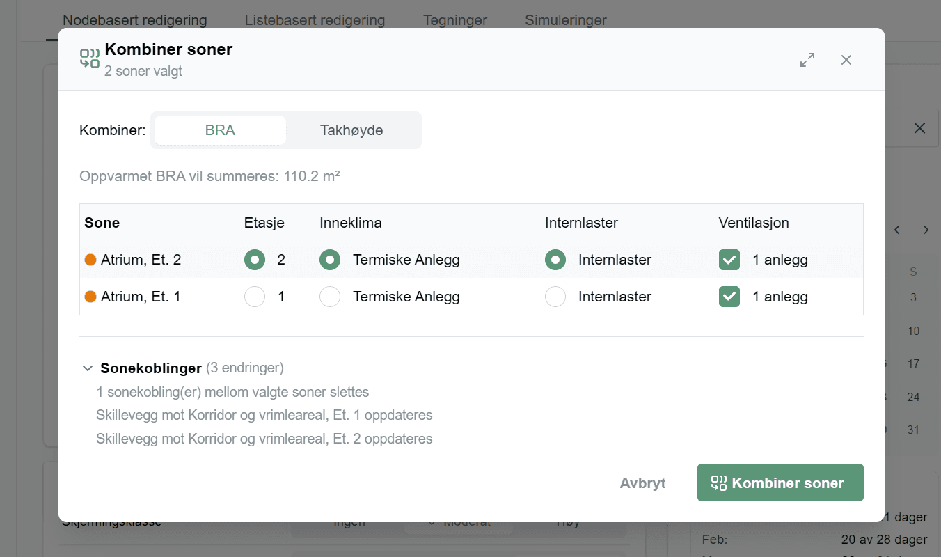 Modalen «Kombiner soner» med «2 soner valgt», BRA valgt og teksten «Oppvarmet BRA vil summeres: 110.2 m²».
