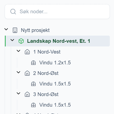 Tremeny fullstendig ekspandert, med soner, bygningsdeler, vinduer, sonekoblinger og tekniske systemer synlige.