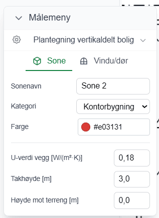Målemenyen med «Sone»-fanen aktiv og feltene Sonenavn, Kategori, Farge, U-verdi vegg, Takhøyde og Høyde mot terreng.