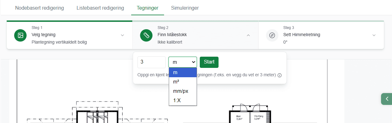 «Finn Målestokk»-panelet med nedtrekksmeny for metode (m, m², mm/px, 1:X), inntastingsfelt og «Start»-knapp.
