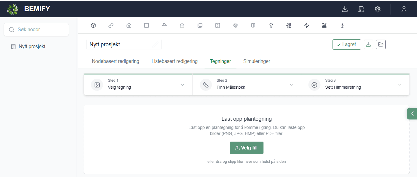 Tegneflaten med opplastingsfeltet «Last opp plantegning», grønn «Velg fil»-knapp og teksten «eller dra og slipp filer hvor som helst på siden». Øverst vises stegene Velg tegning, Finn Målestokk og Sett Himmelretning.