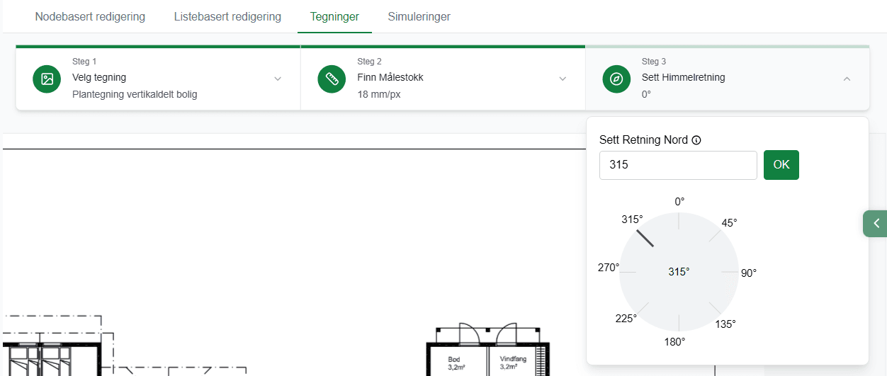 «Sett Retning Nord»-feltet med tallinntasting (315) og en sirkulær vinkelskive med markeringer for 0°, 45°, 90° og videre rundt.