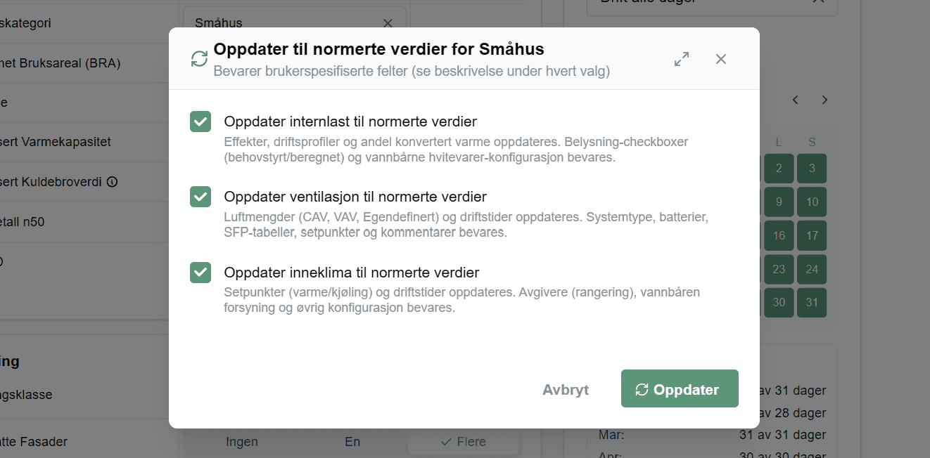 Modalen «Oppdater til normerte verdier for Småhus» med tre avhukede valg for internlast, ventilasjon og inneklima.
