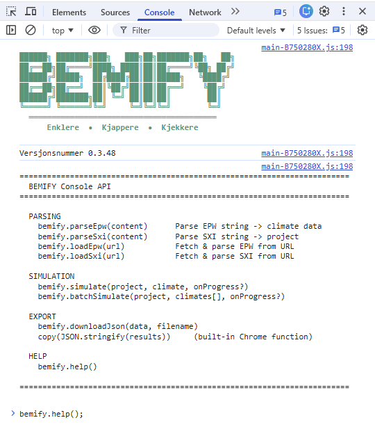 Skjermbilde av BEMIFY konsoll-grensesnitt