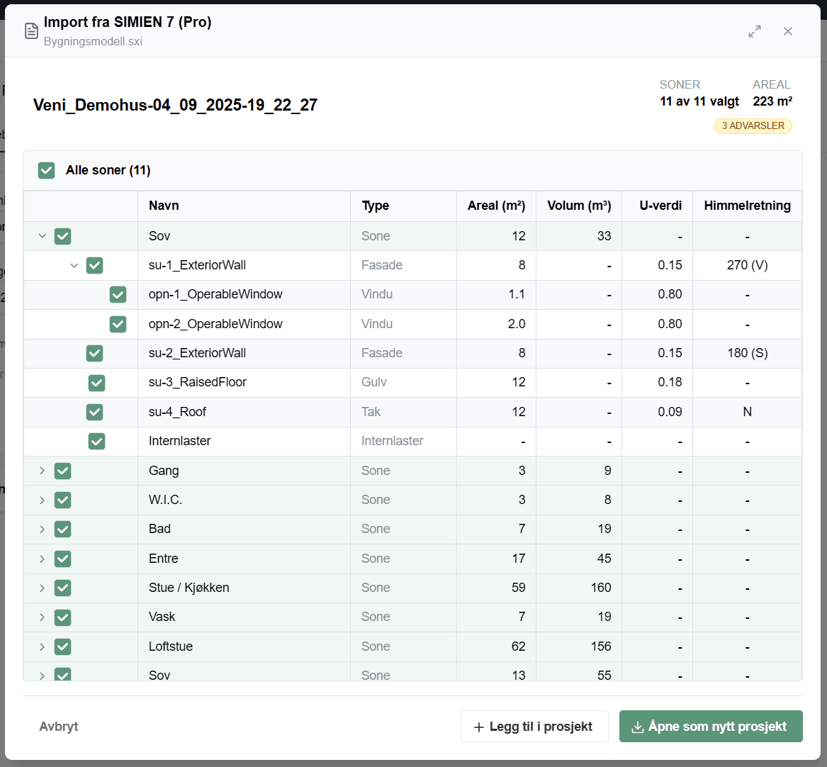 Velg soner og elementer for import